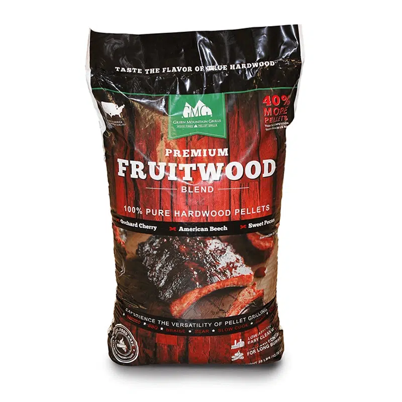 Green Mountain Grills Premium Fruitwood Pure Hardwood Grilling Cooking Pellets with Chery, Beech, and Pecan for Sweet Flavor Meat Grilling GMG-2003