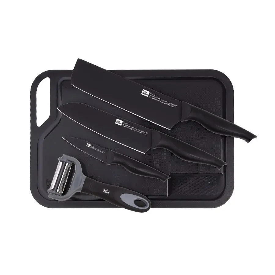 Food Appeal 5-Piece Cutting Set – 20 cm Cleaver, 18 cm Santoku Knife, Peeling Knife, Peeler and Cutting Board Black