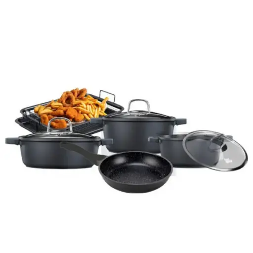 Food Appeal Marble Class Cookware Set 8 Pcs Casserole 20/24cm Sot 28cm/Pan 24cm/Crisper Black