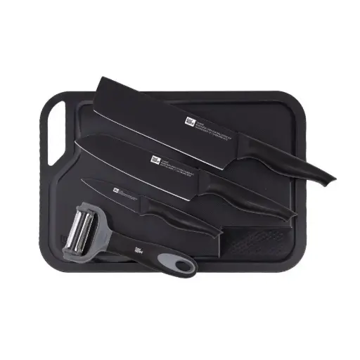 Food Appeal 5-Piece Cutting Set – 20 cm Cleaver, 18 cm Santoku Knife, Peeling Knife, Peeler and Cutting Board Black